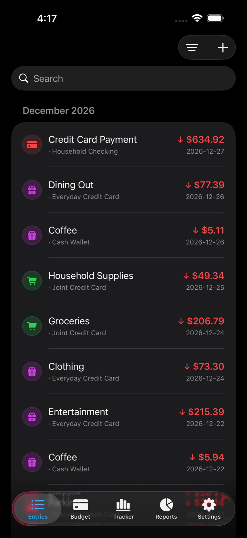 Wise Budget dark mode entries screen showing recent expenses, dates, accounts, and category icons.