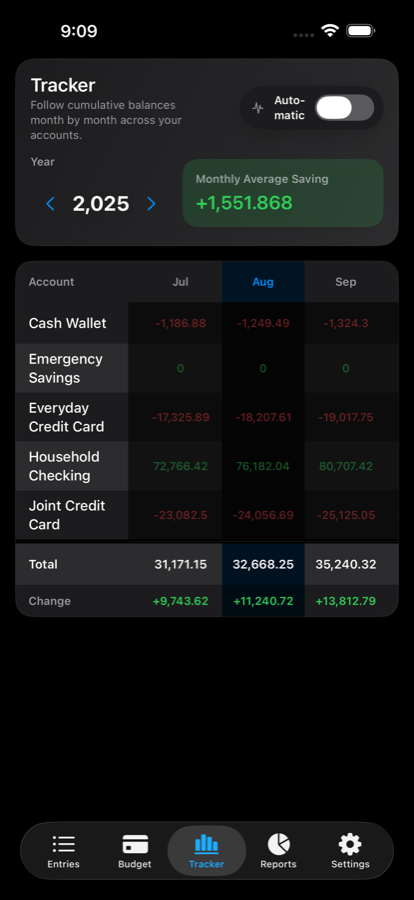 Wise Budget Tracker view showing monthly account balances and total change on iPhone.